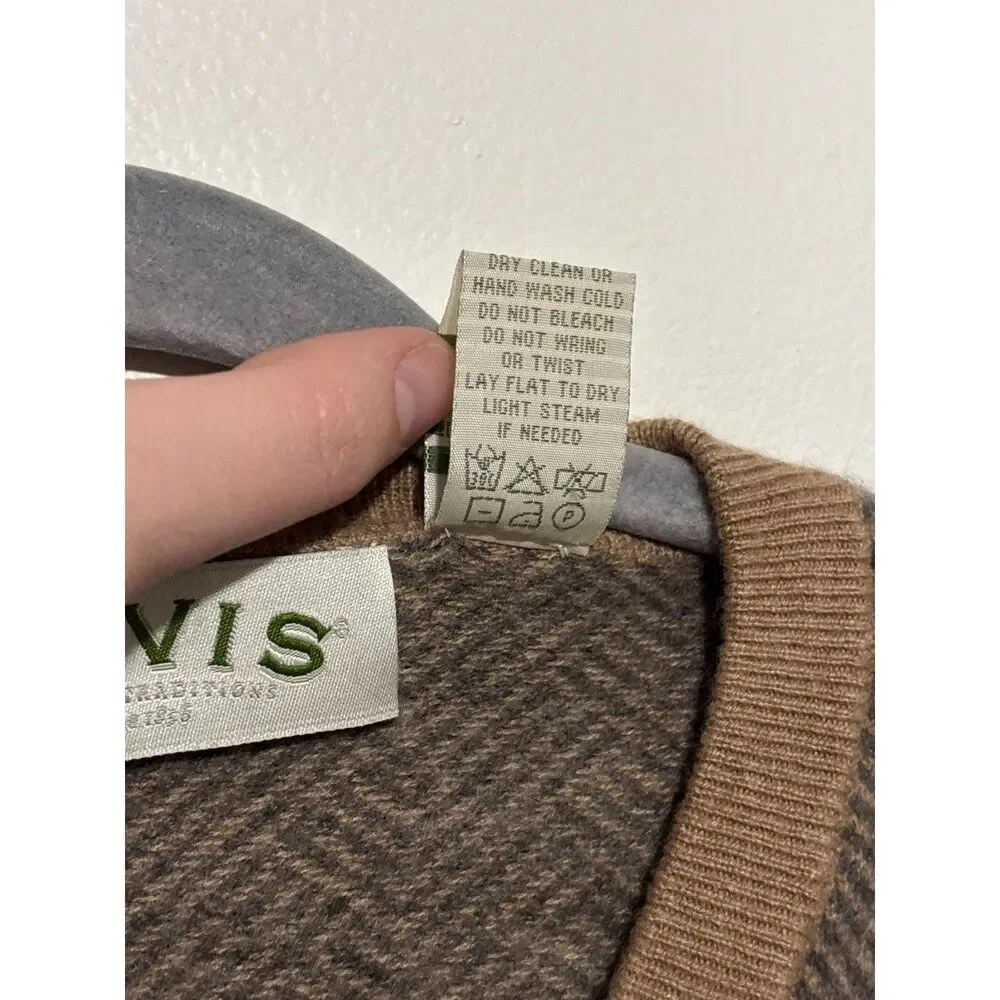 Orvis 100% Cashmere‎ V Neck Sweater Herringbone Brown Tan Medium Preppy Luxury